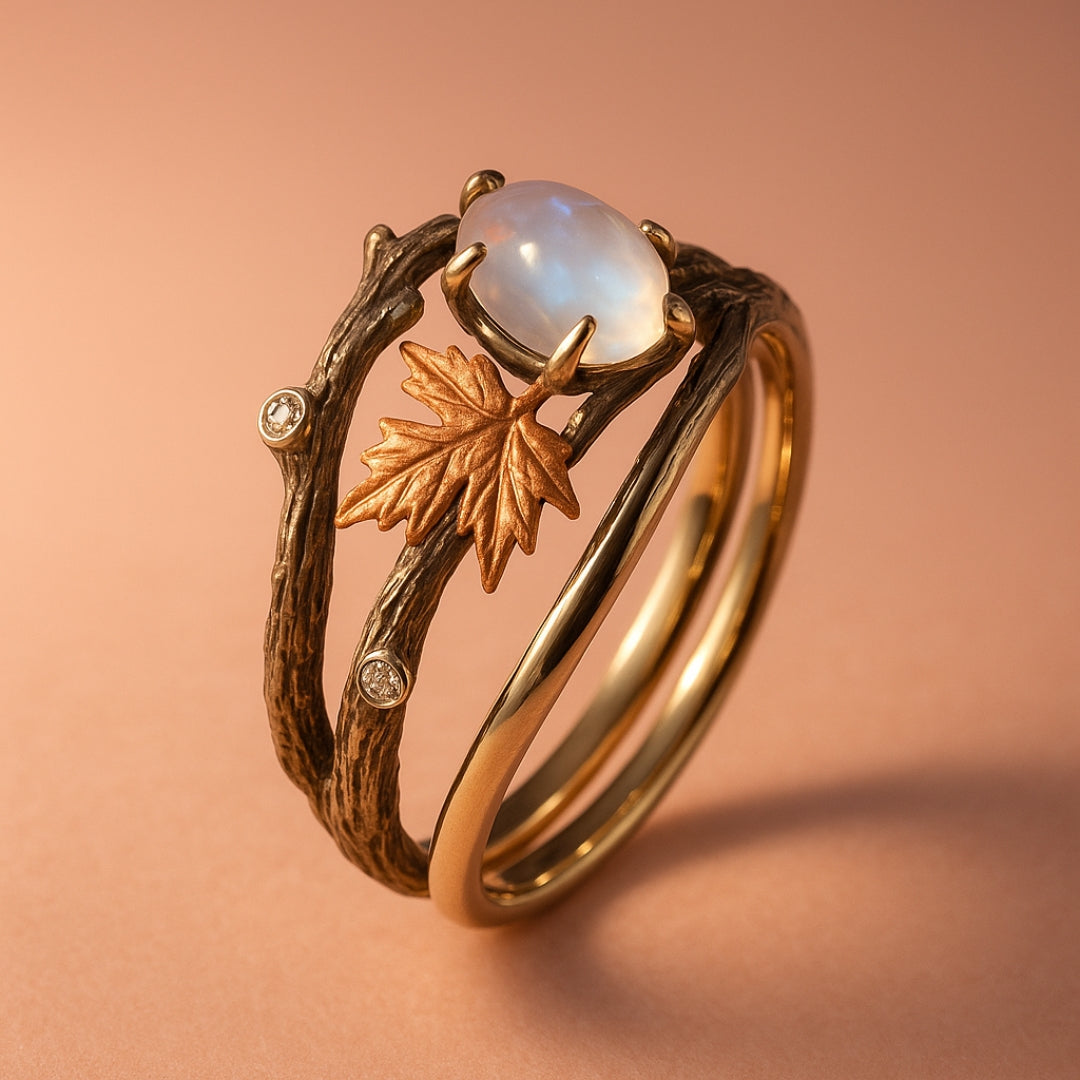 Moonstone ring gold detail close-up