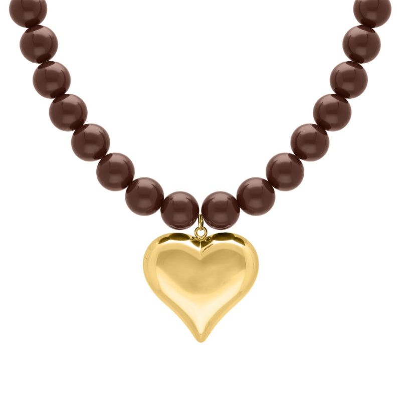 Brown Beaded Necklace with Heart Gold