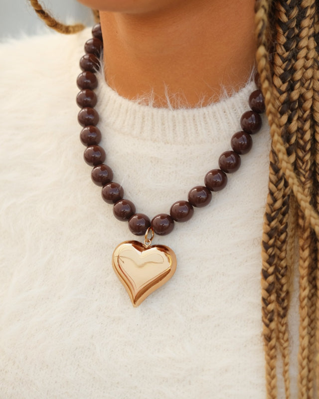 Brown Beaded Necklace with Heart Gold