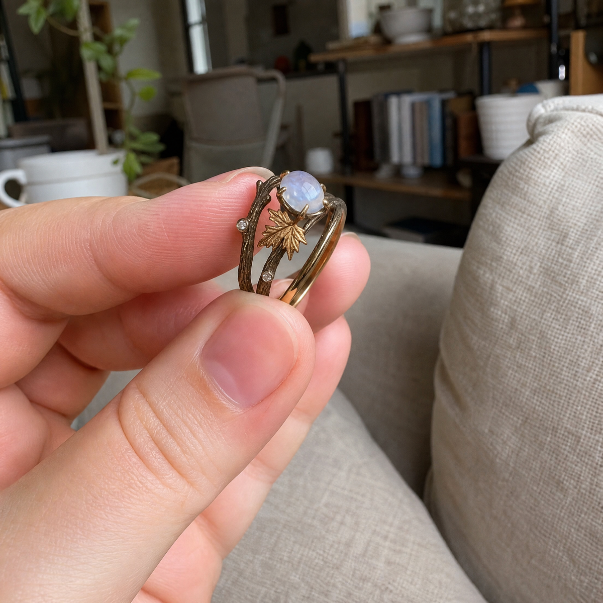 Moonstone ring gold front view