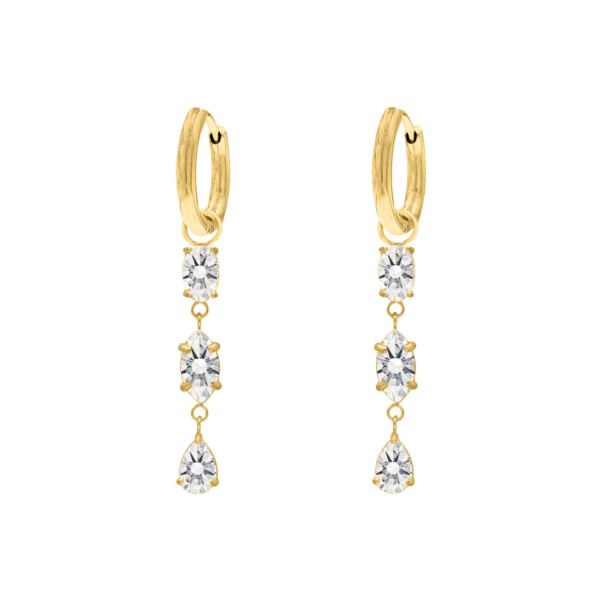 Drop Earrings Triple Gemstones Gold Plated