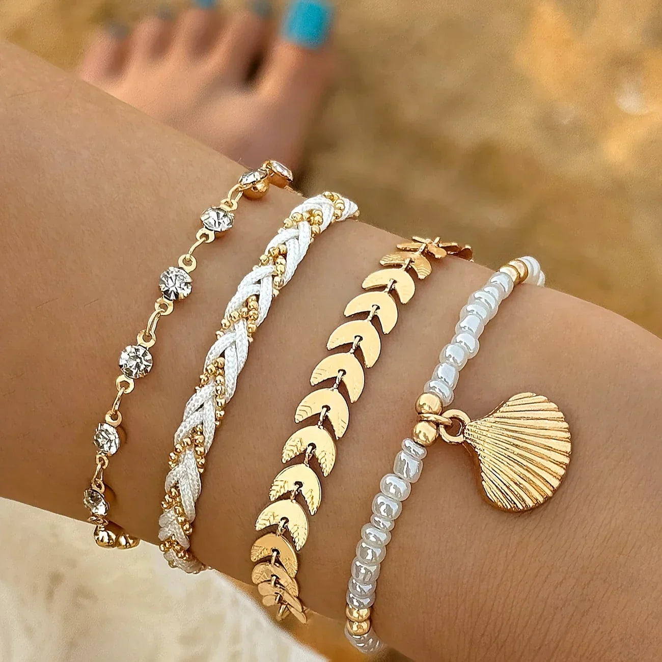 Gold shell bracelet set front view