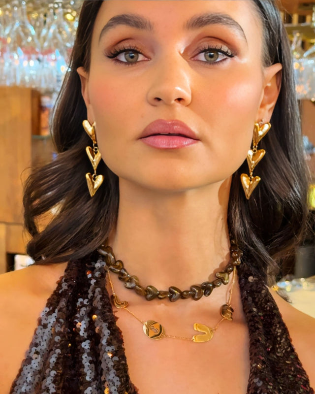Beaded Necklace Hearts Brown