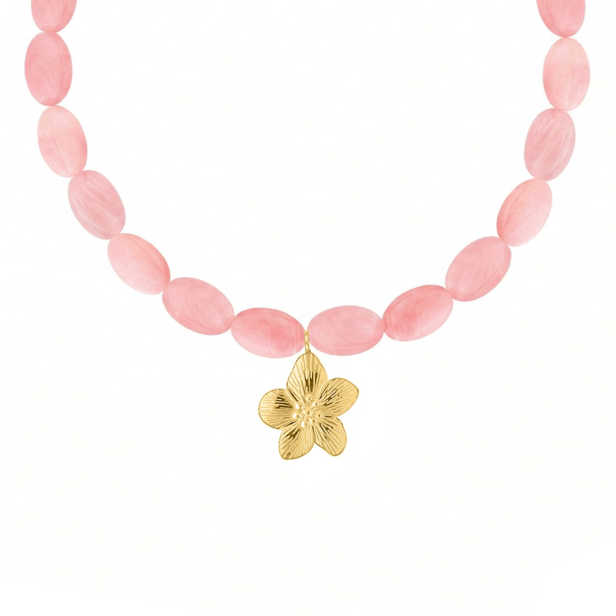 Oval Beaded Necklace Pink with Flower Gold