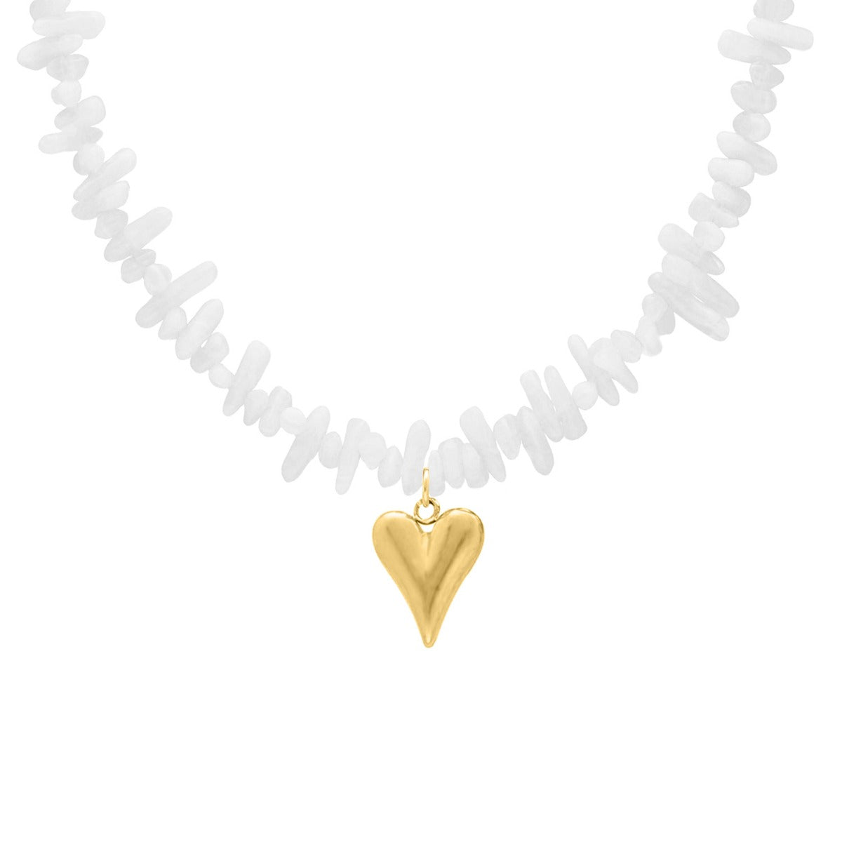 Beaded Necklace White with Heart Gold