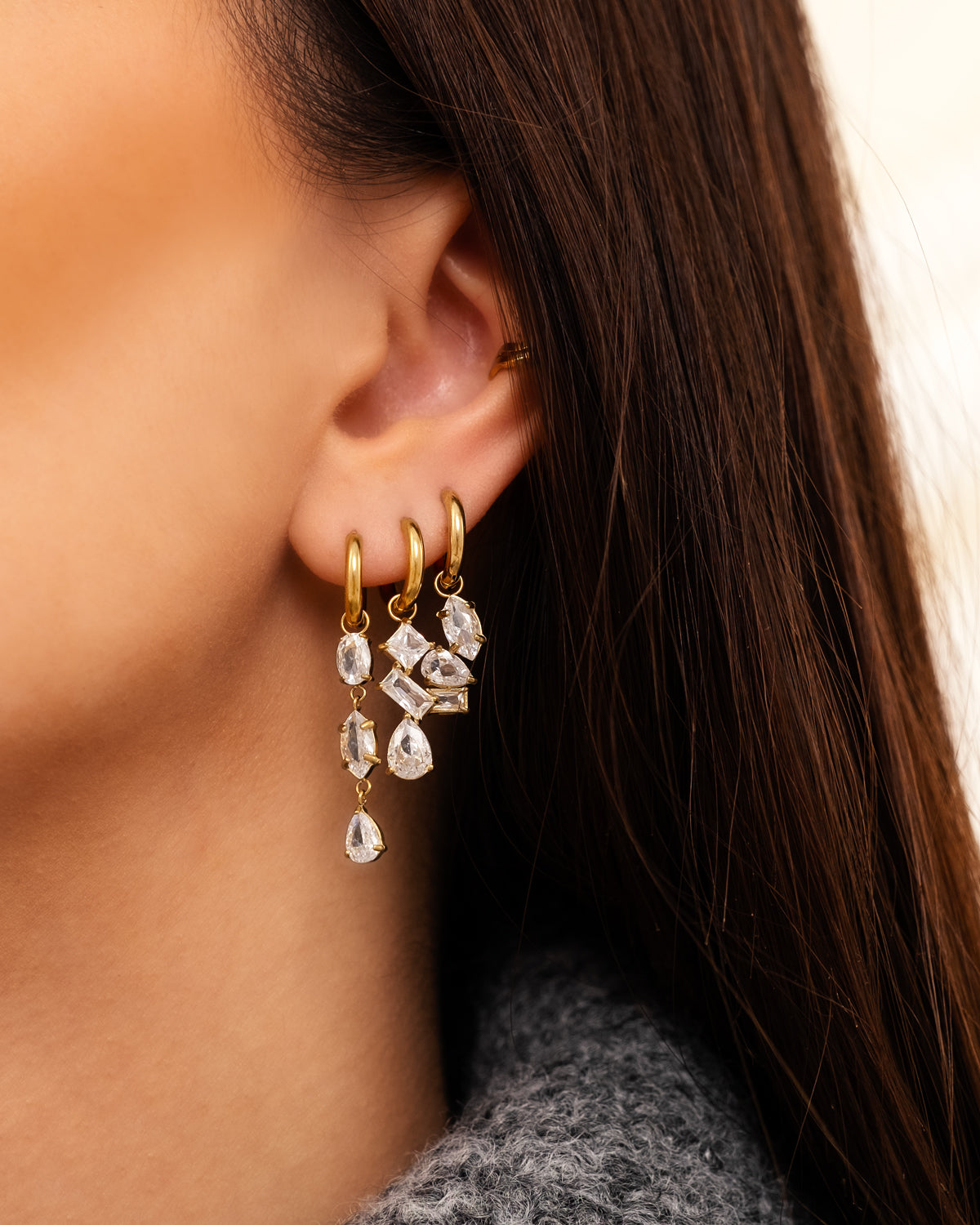 Drop Earrings Triple Gemstones Gold Plated